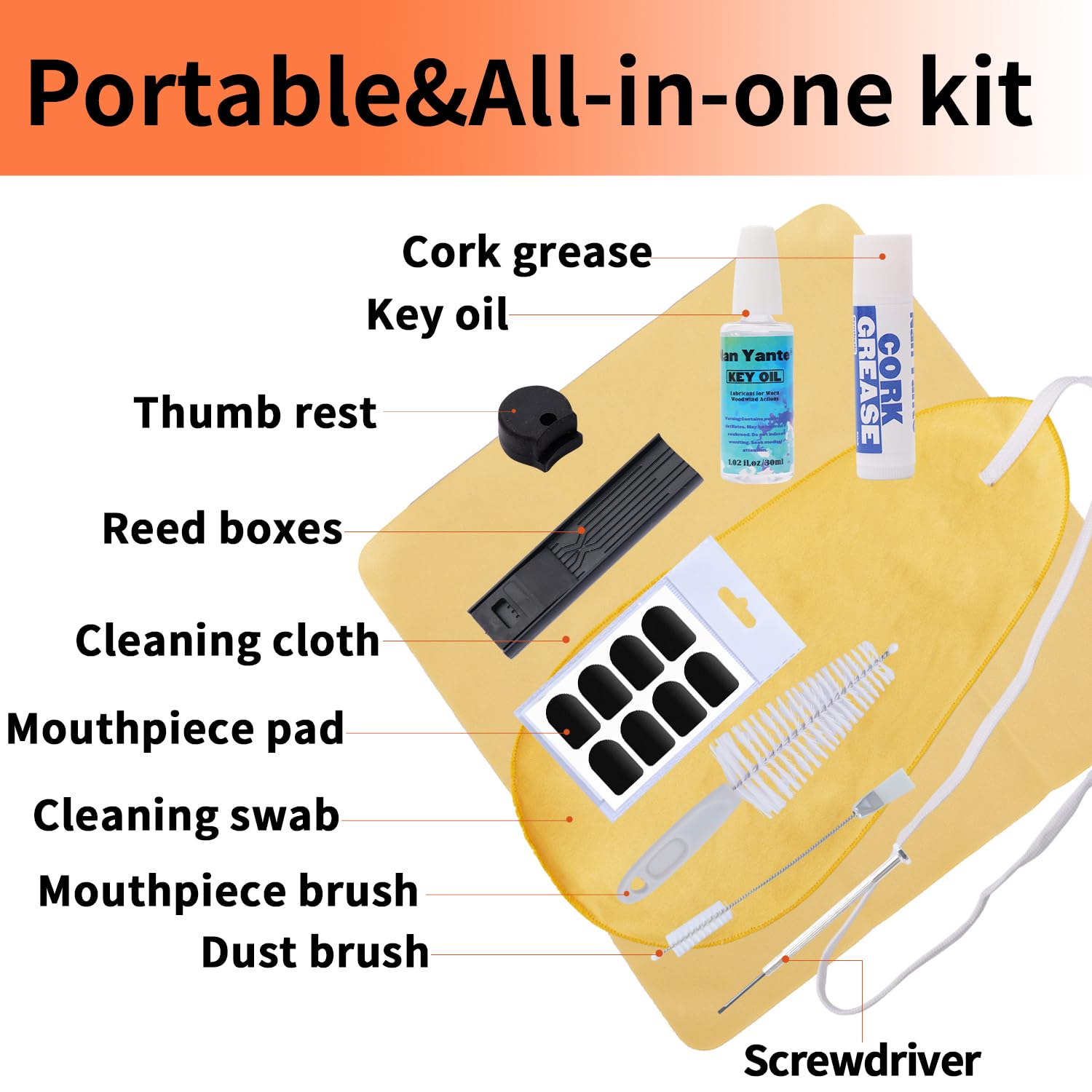 Nan Yante Clarinet Cleaning Care Kit:Key oil+Mouthpiece/Dust Brush+Cleaning Cloth+Cleaning Swab+Thumb Rest+Cork Grease+Mouthpiec